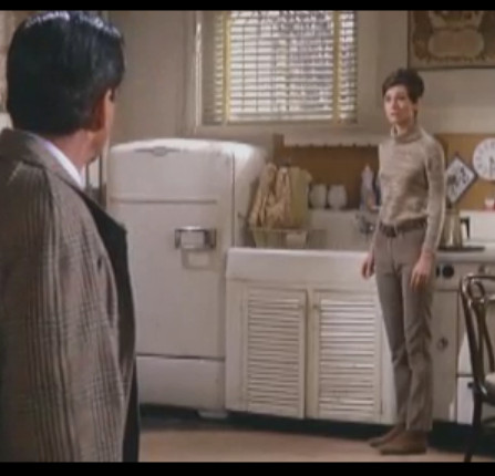 Audrey Hepburn in Wait Until Dark, in front of some stylish cabinets